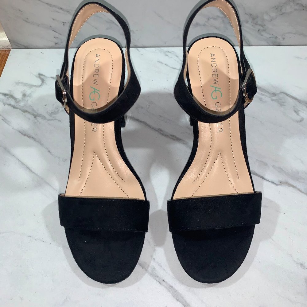 NIB ANDREW GELLER Black Marble-Look Heel Sandals - Picture 3 of 5